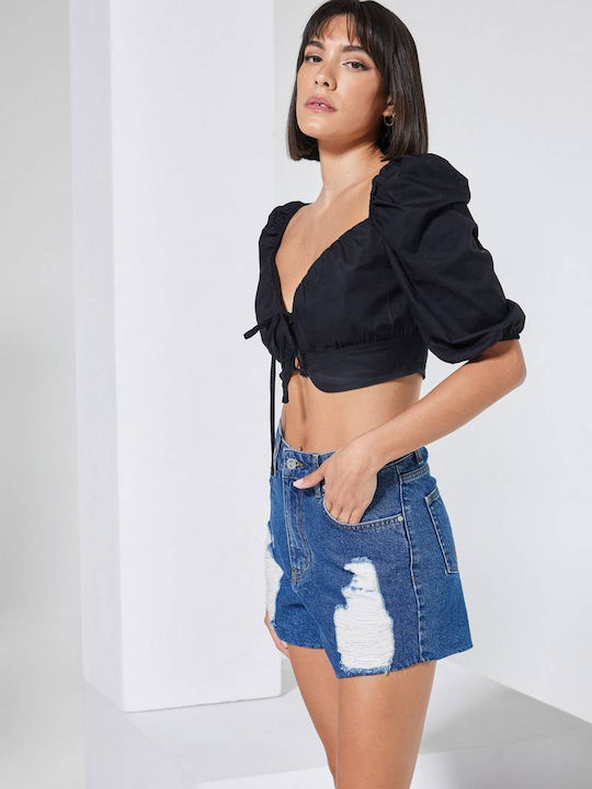 Γυναικείο Crop Top με Μανίκι 3/4 Καλοκαιρινό Μαύρο