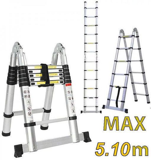 Prostep Telescopic Ladder Aluminum 8 of Steps with Maximum Height 5.1m PS1359