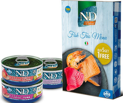 Farmina Fish Trio Menu Nasses Katzenfutter für Katze in Dose mit Shrimps, Lachs und Thunfisch 6x70gr 22.09.038