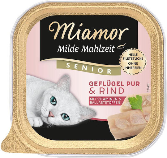 Miamor Milde Mahlzeit Senior Wet Food for Senior Cats in Trays with Chicken and Trout Grain-Free 100gr