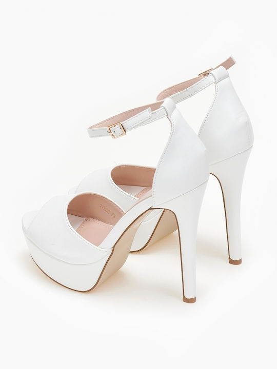 Issue Fashion Platform Women's Sandals with Ankle Strap White with Thin High Heel