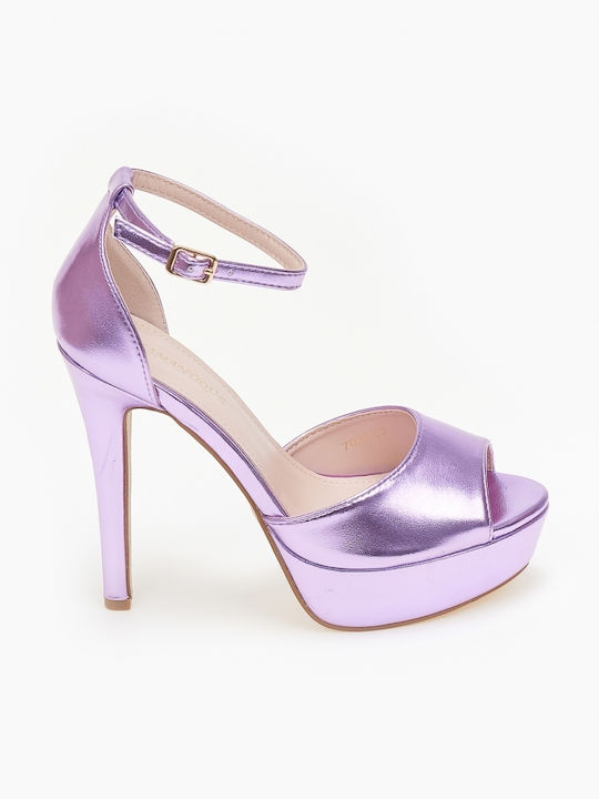 Issue Fashion Platform Women's Sandals with Ankle Strap Purple with Thin High Heel 0209/8005459