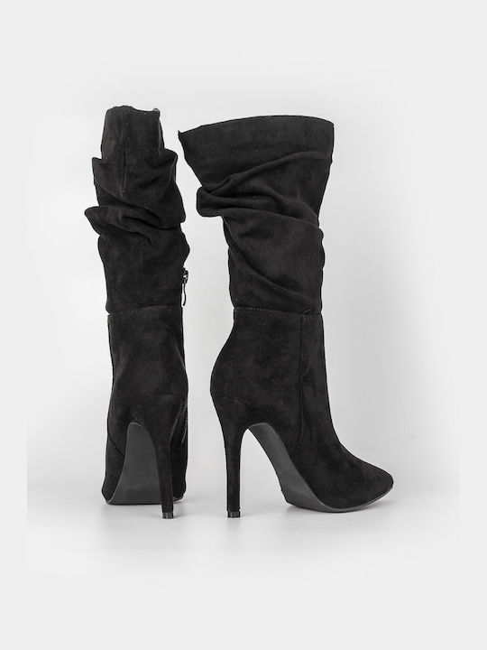 Louizidis Suede Γυναικείες Μπότες με Ψηλό Τακούνι Μαύρες