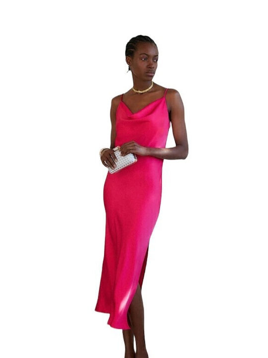 BSB Summer Maxi Evening Dress Satin Draped with Slit Gold