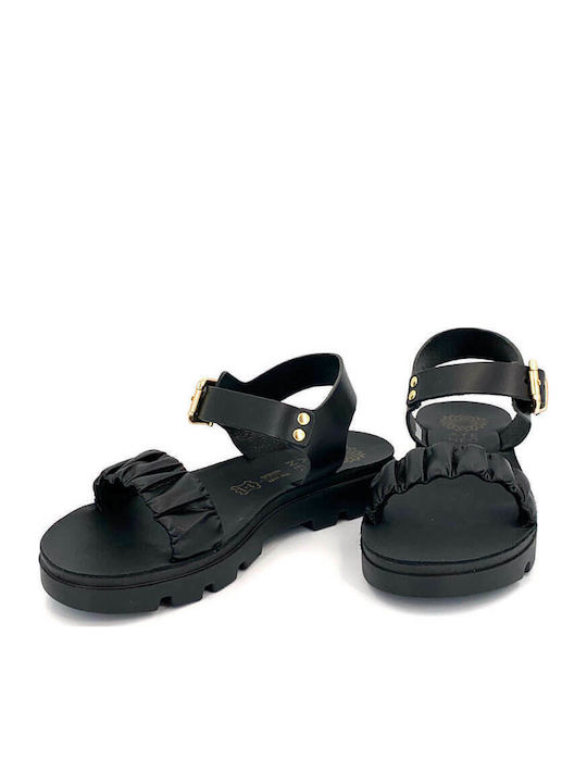 Leather Women's Flat Sandals in Black Color