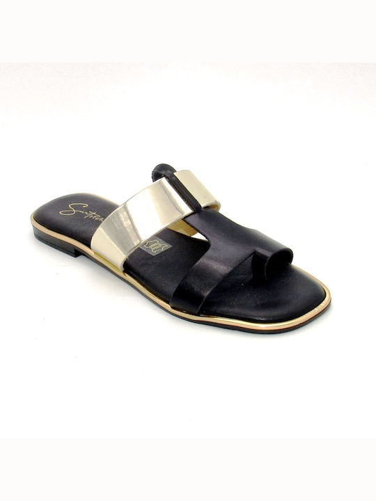 Santorini Sandals Leather Women's Flat Sandals in Black Color