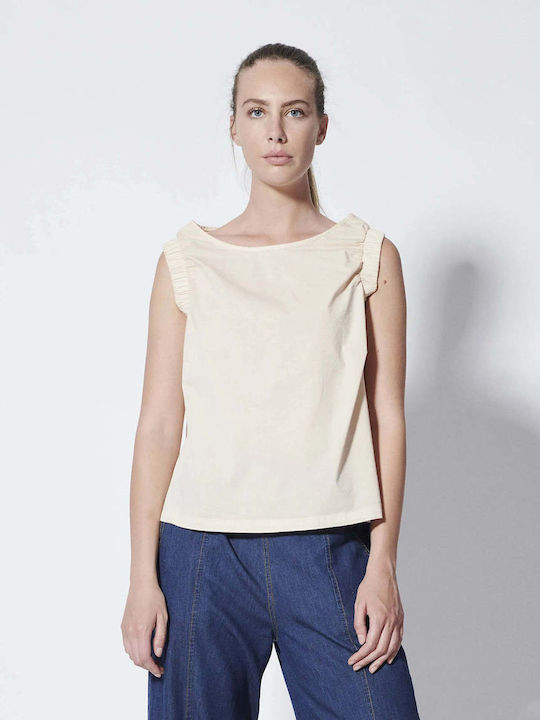 Deha Damen Sommer Bluse Baumwolle Ärmellos Beige