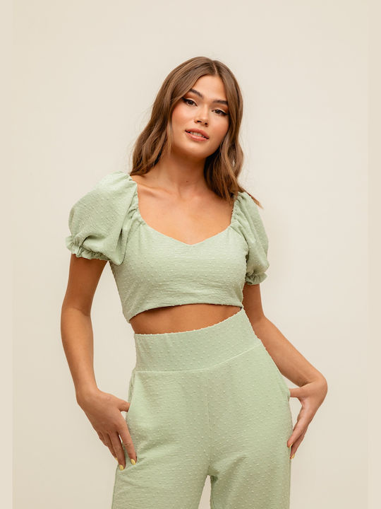 Rut & Circle pentru Femei de Vară Crop Top cu Mâneci Scurte Monocrom Verde