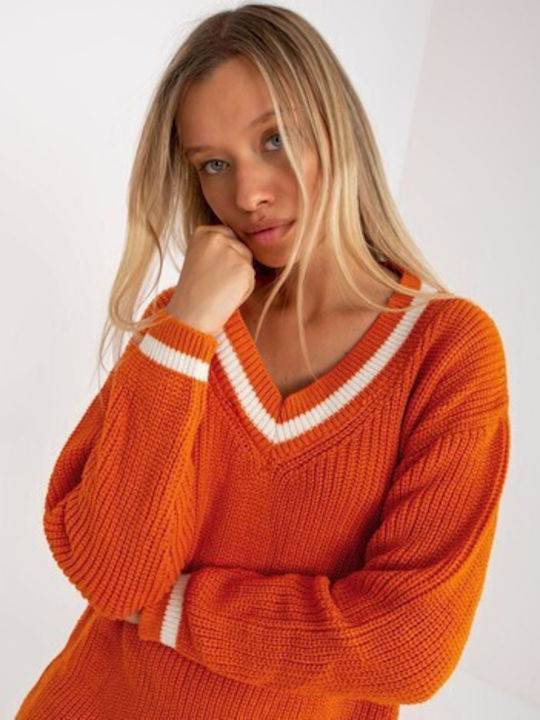 Rue Paris Women's Long Sleeve Sweater with V Neckline Orange