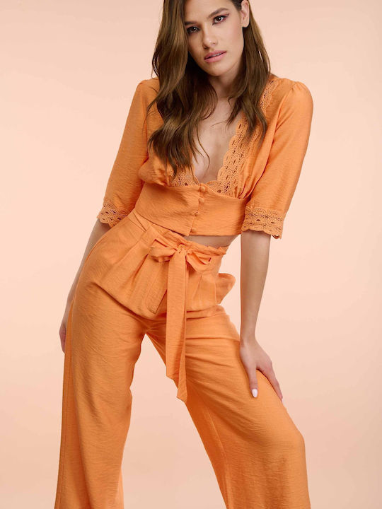 Raffaella Collection Women's Summer Blouse Linen with 3/4 Sleeve & V Neckline Orange