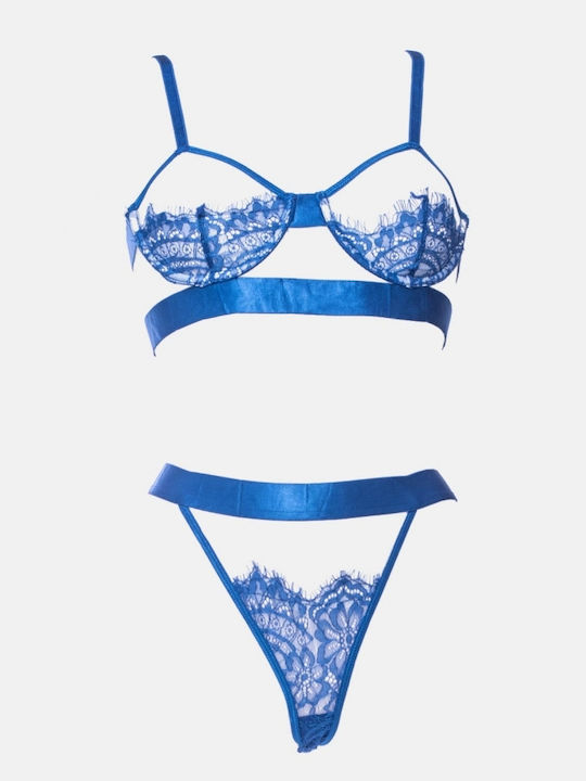 Decoro Lace Underwear Set with Bralette & String Blue
