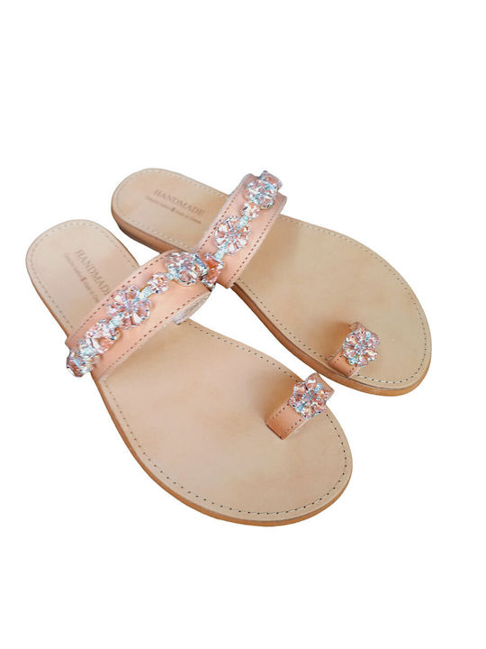 Fashion Beads Leather Women's Flat Sandals in Pink Color