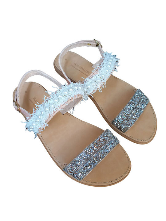 Fashion Beads Leather Women's Flat Sandals in White Color