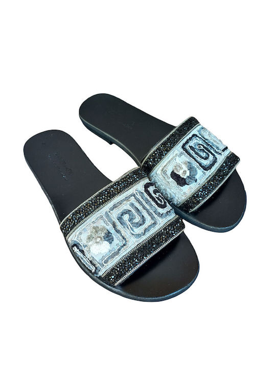 Fashion Beads Leather Women's Flat Sandals in Black Color