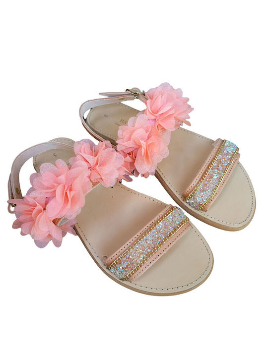 Fashion Beads Leather Women's Flat Sandals in Pink Color