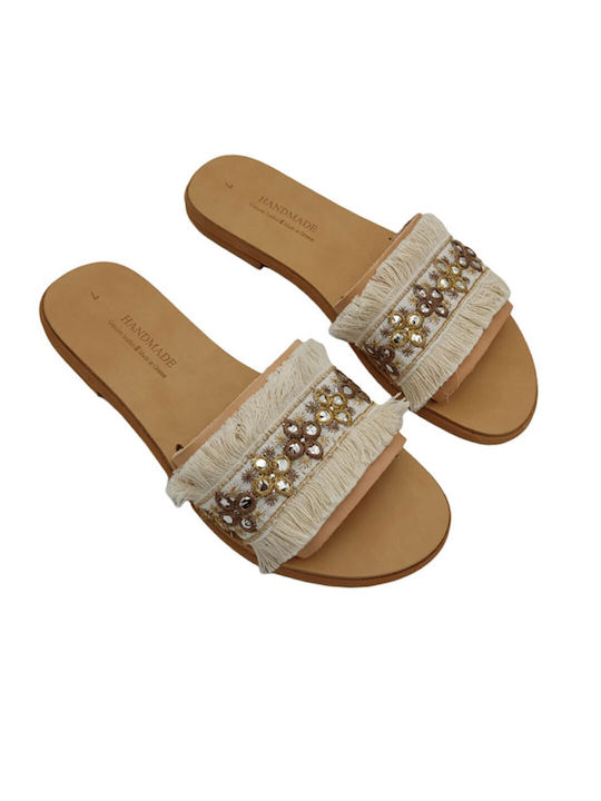 Fashion Beads Leather Women's Flat Sandals in Beige Color