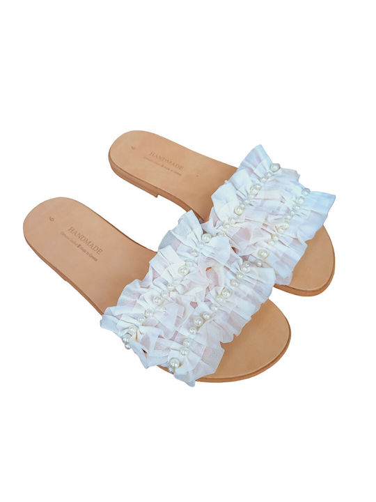 Fashion Beads Leather Women's Flat Sandals in White Color