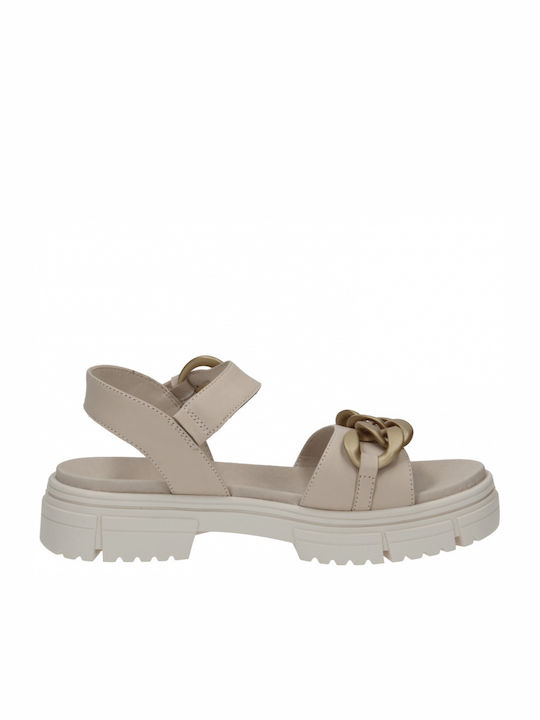 Caprice Leather Women's Flat Sandals Anatomic with Strap in Beige Color