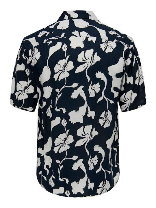 Short-sleeved Cotton Shirt Floral Navy Blue
