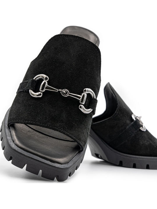 Leather Mules with Chunky High Heel in Black Color
