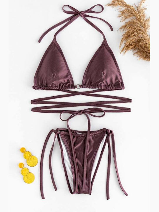 Set Bikini 3 Bucăți Triunghi Maro