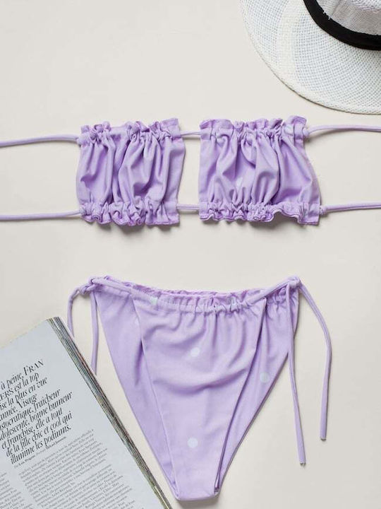 Decoro Bikini Set Strapless Top & Brazil Bottom with Laces Lilac Polka Dot