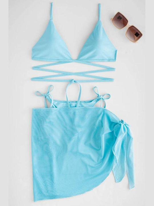 Set Bikini 3 Pieces Triangle with Removable Padding and Brazil High Waist Light Blue