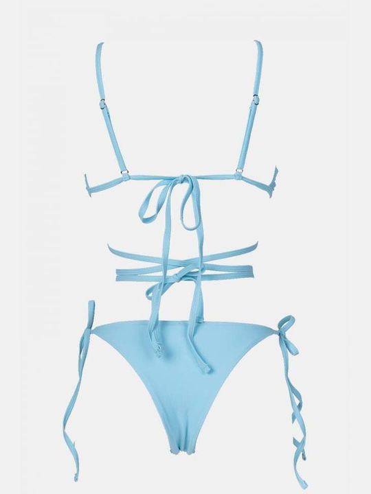 Set Bikini 3 Pieces Triangle with Removable Padding and Brazil High Waist Light Blue