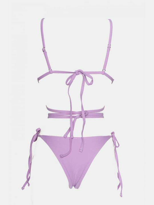 Set Bikini 3 Pieces Triangle with Removable Padding and Brazil High Waist Lilac