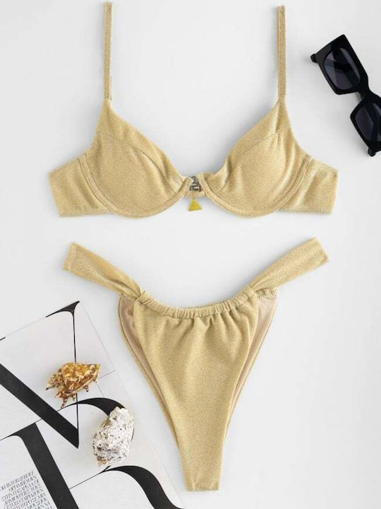Set Bikini mit Abnehmbare Verstärkung Brasilien Hohe Taille Beige