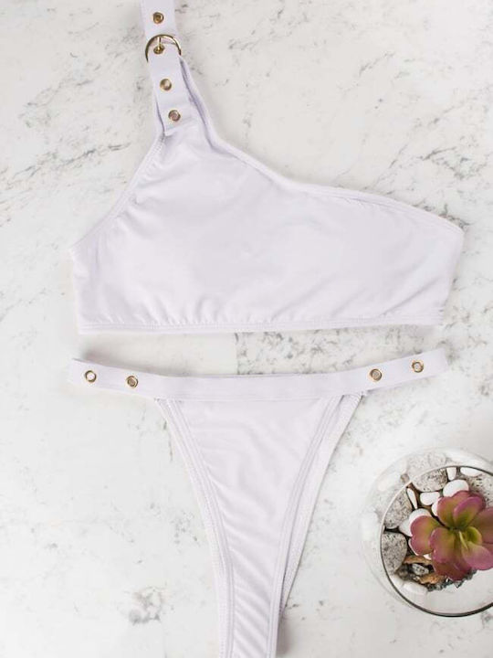 Set Bikini Un Umăr Cu Burete Detașabil Și Brazilia Alb