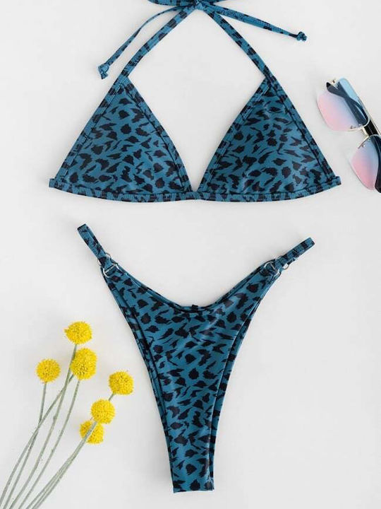Set Bikini Triunghi Cu Burete Detașabil Animal Print Albastru
