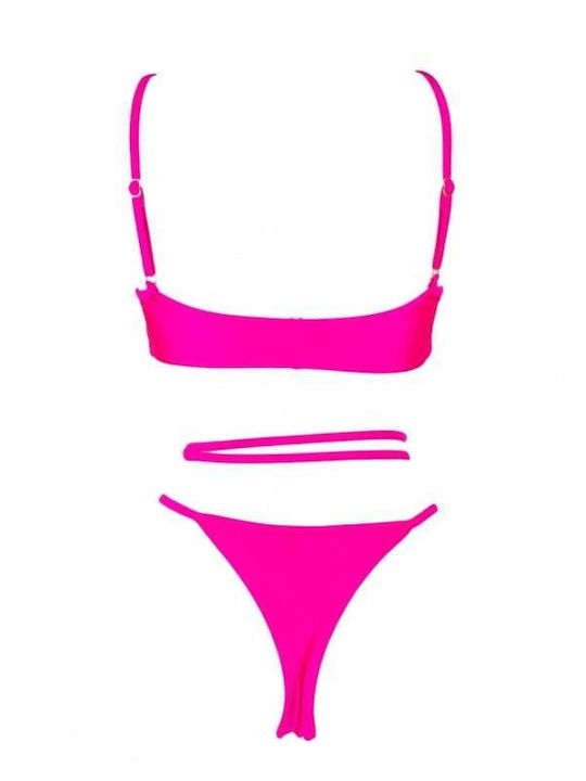 Set Bikini Sport-BH mit Abnehmbarer Verstärkung & Zeichenfolge Hohe Taille Fuchsie