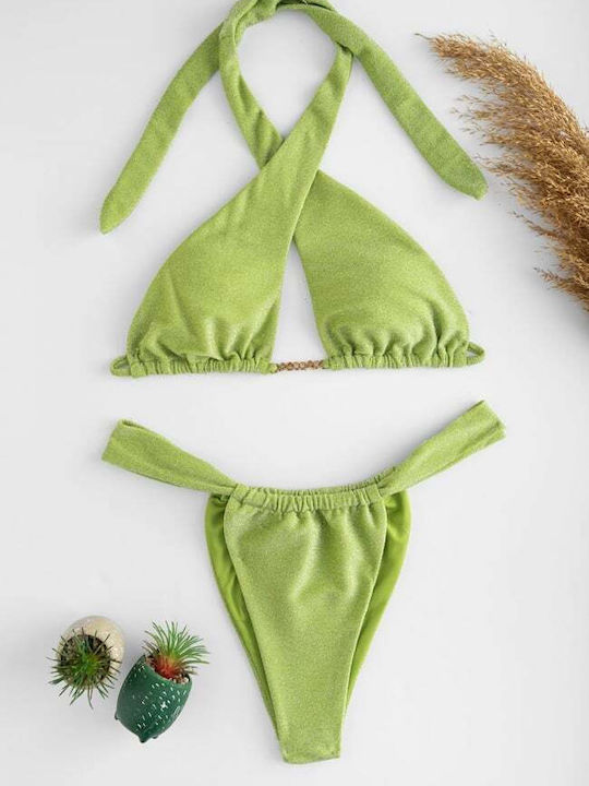 Set Bikini Triunghi Cu Burete Detașabil Și Brazilia Talie Înaltă Verde