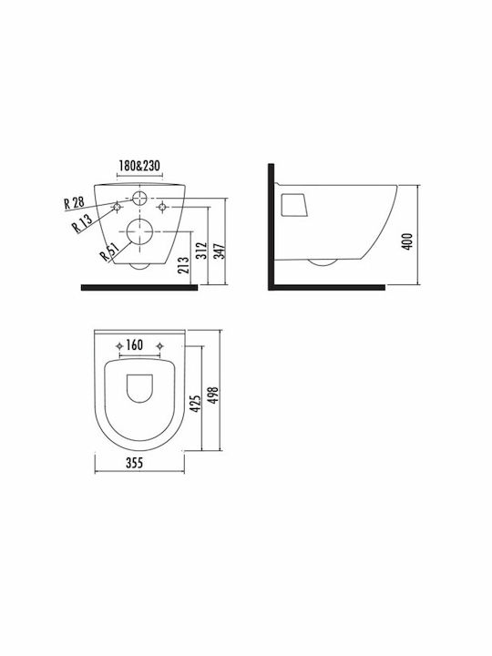 Creavit Razor TP325 Toaletă montată pe perete cu Subțire Capac Thermoplast Închidere lentă Albă