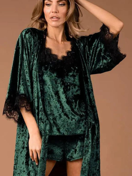 La Lolita Amsterdam Winter Women's Velvet Robe with Pyjama Green Heidi