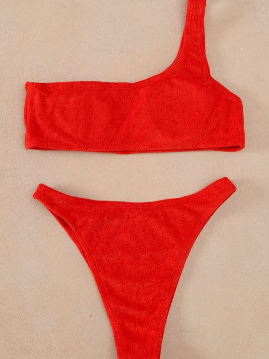 Bikini Set One Shoulder Top & Slip Bottom Terry Red