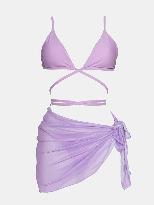 Set Bikini 3 Pieces Triangle with Removable Padding and Brazil High Waist Lilac