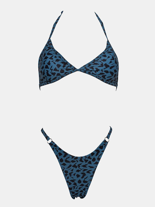 Set Bikini Triunghi Cu Burete Detașabil Animal Print Albastru