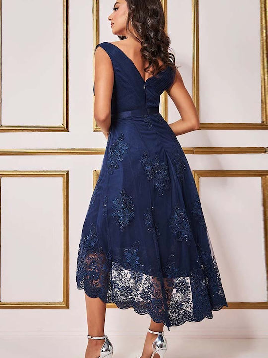 Summer Midi Evening Satin Wrap Dress with Lace Navy Blue DR3337QZ Navy