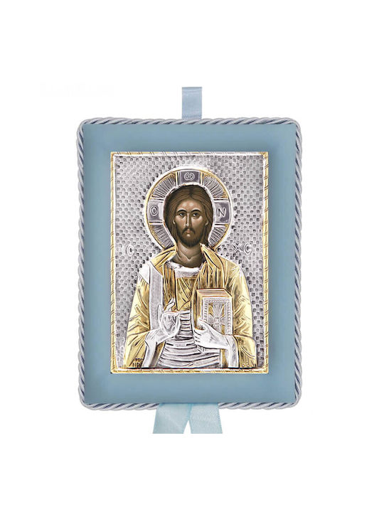 Silver Icon for Newborn Boy Christ Pantocrator 14,5x11,5cm (with local gold plating)