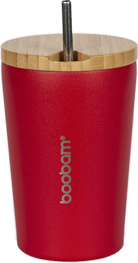 Boobam Cup Lite Glass Thermos Plastic 350ml Red with Straw