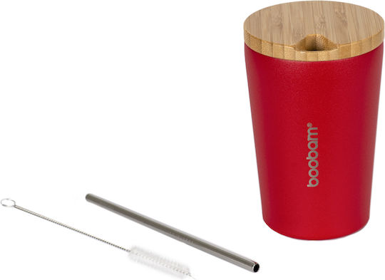Boobam Cup Lite Glass Thermos Plastic 350ml Red with Straw