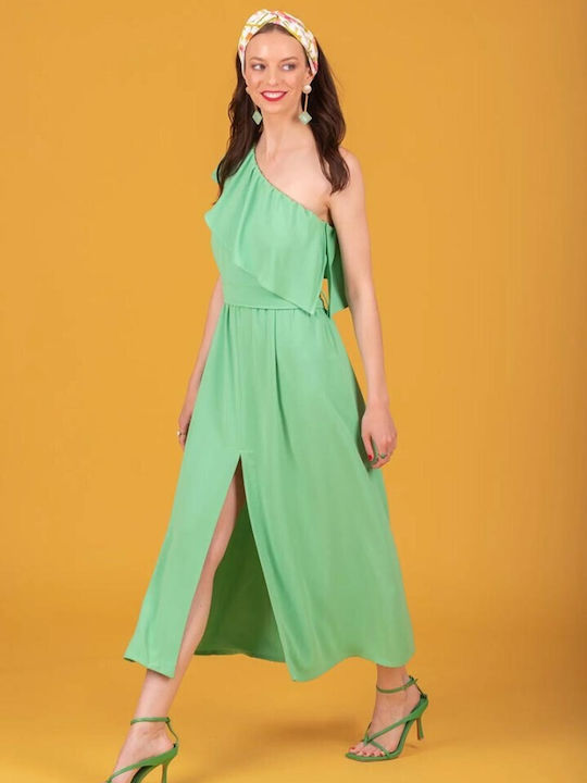 Chaton Summer Midi Dress with Ruffle Green