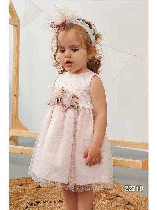 Bonito Baby Pink Baptism Clothes Set with Hair Accessories and Lace Dress 2 Pieces