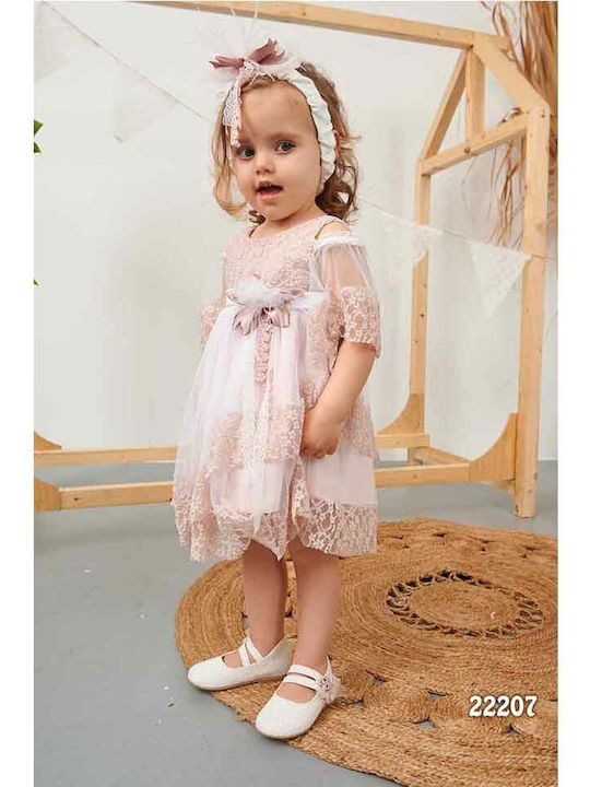 Bonito Baby Розов Комплект Кръщелни Дрехи с Аксесоари за коса & Рокля от Тюл 2бр