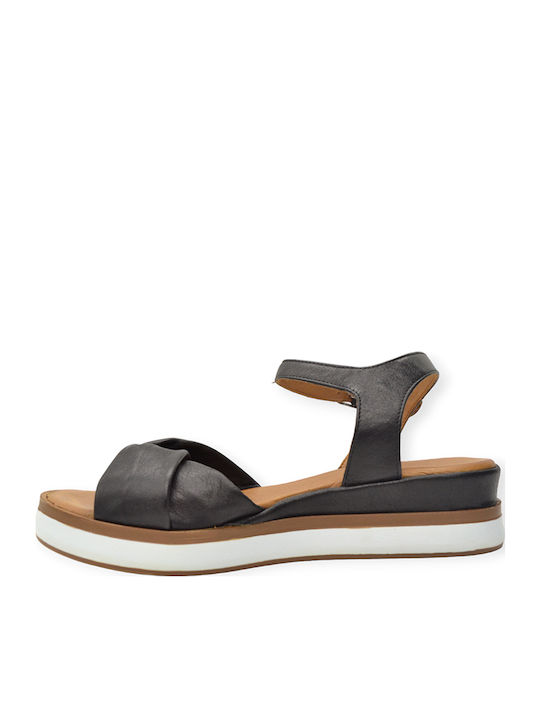 Leather Women's Flat Sandals with Strap in Black Color