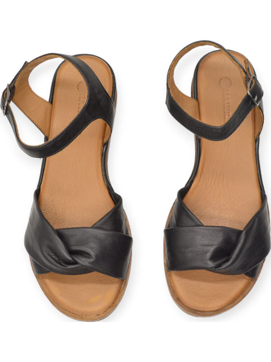 Leather Women's Flat Sandals with Strap in Black Color