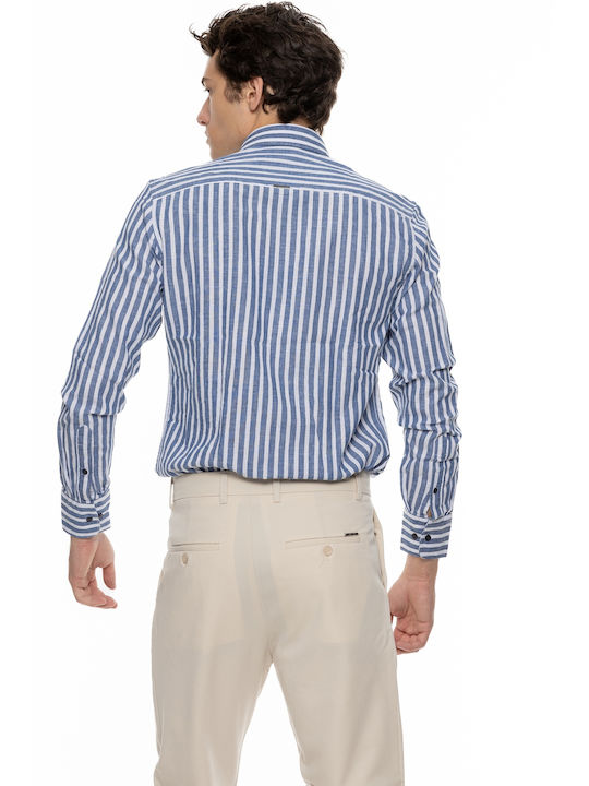 Vittorio Artist Men's Shirt Long Sleeve Linen Striped Blue