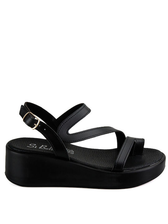 Silia D Flatforms Handmade Leather Women's Sandals with Ankle Strap Black